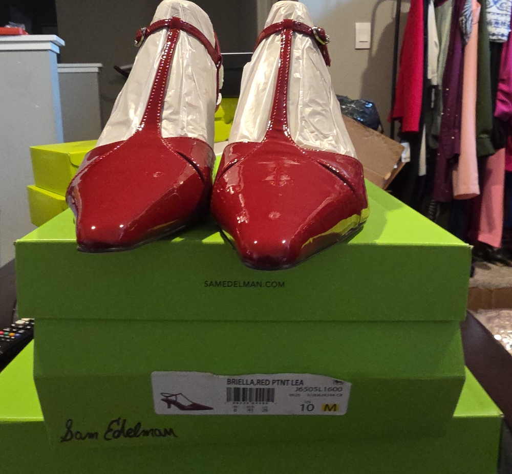 Sam Edelman Red Patent Leather T-Strap Pointed Flats